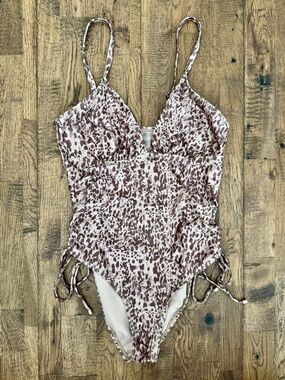 Dorina Swim One Piece Ruched Side Tie Swimsuit Brown Animal Print Size M CC